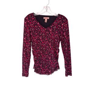 I.E. Babydoll Blouse Long Sleeve‎ Mesh V-Neck Red Floral Print Ruched Y2K Small